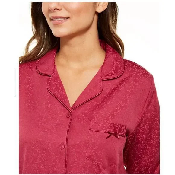 SOLD OUT-Miss Elaine Jacquard Satin Pajama Set-Cranberry-L - Picture 4 of 7